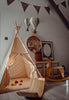 A cozy children’s playroom with a beige teepee tent, wooden toys, a rocking horse, a balance board, wall shelves with handmade decor, and whimsical Hot Air Balloon - Mint Green and Grey decorations hanging from the ceiling.