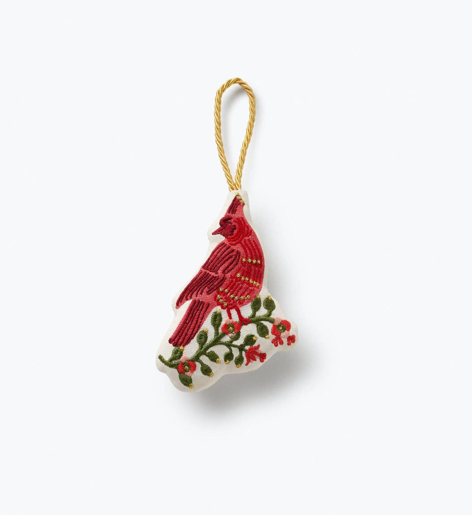 Cardinals Embroidered Ornament shaped like a red bird perched on a flowering branch, featuring a gold hanging loop.