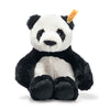 The Steiff Ming Panda Stuffed Animal - 11" features soft black and white fur, round ears, and a yellow tag on its left ear, sitting upright against a white background.