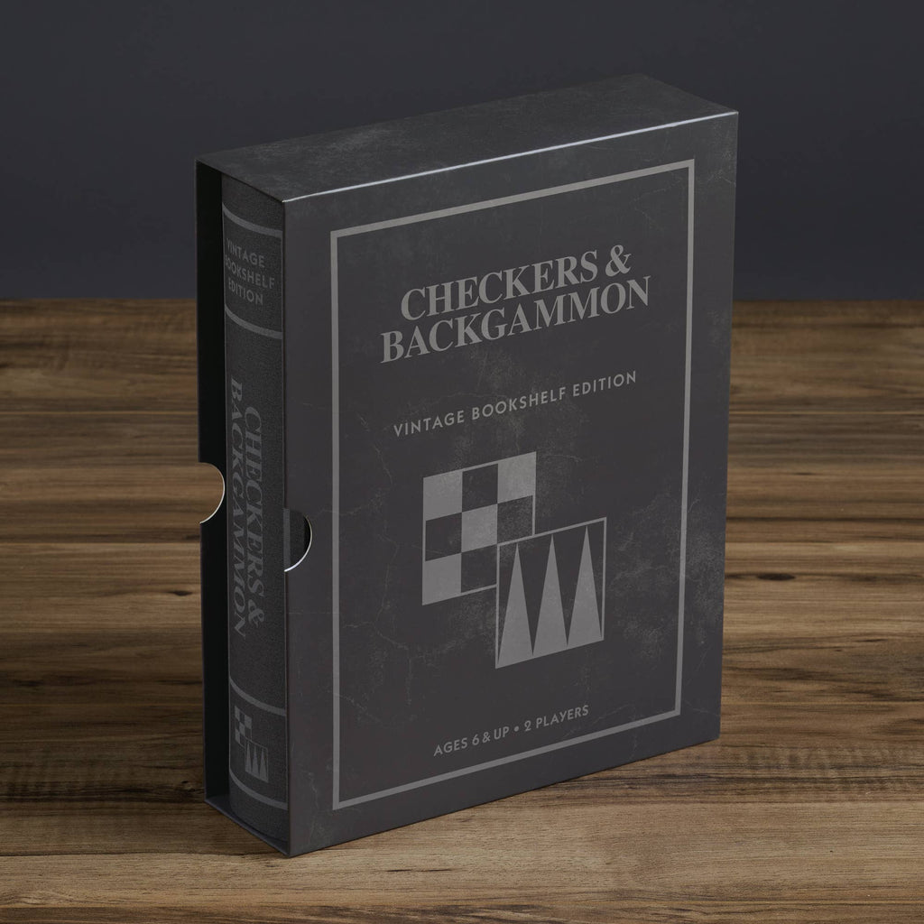 Board Game: Checkers & Backgammon Vintage Bookshelf Edition features a minimalist gray box with geometric shapes and white text, designed for 2 players ages 6+, combining two classic games in one stylish set.