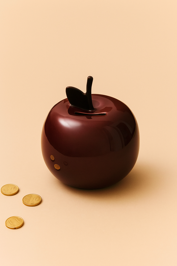 The Ferm Living Apple Money Bank, in glossy dark red with a coin slot on top, sits on a light beige surface beside three gold coins—a stylish and charming way to save your change.