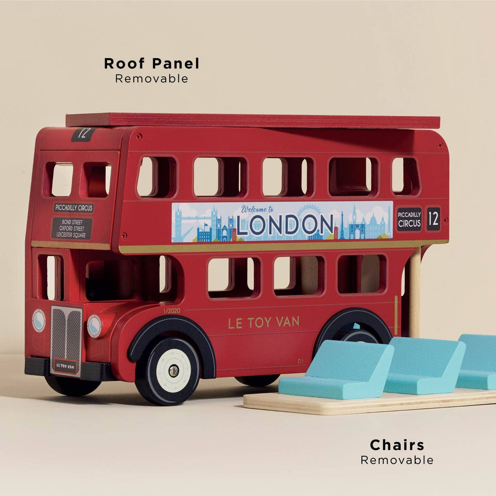 The London Wooden Bus is a red double-decker toy with "Welcome to London" on the side, a removable roof, and blue chairs—perfect for early learning and imaginative play.