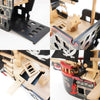 A collage of four close-ups showcases the Barbarossa Pirate Ship & Characters, an eco-friendly toy with detailed decks, a cargo hold, a wooden barrel, and painted pirate-themed decorations. Ships in one week.