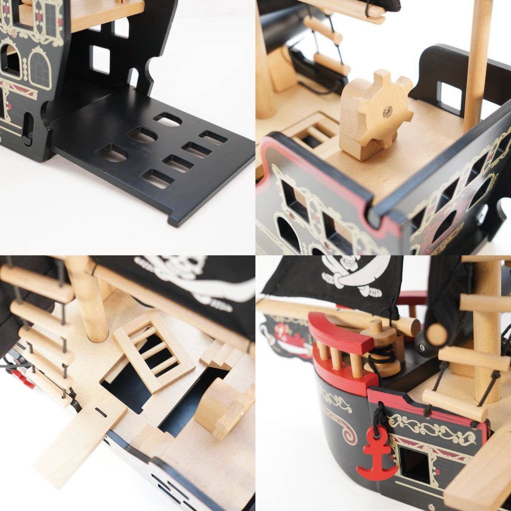 A collage of four close-ups showcases the Barbarossa Pirate Ship & Characters, an eco-friendly toy with detailed decks, a cargo hold, a wooden barrel, and painted pirate-themed decorations. Ships in one week.
