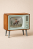 The Maileg Cozy Christmas Corner is a charming vintage-style miniature TV featuring wooden sides, a light blue frame, and antenna legs. Its screen shows a cowboy riding a horse in a desert scene, making it a delightful accessory or unique piece of mouse furniture for any Maileg dollhouse.
