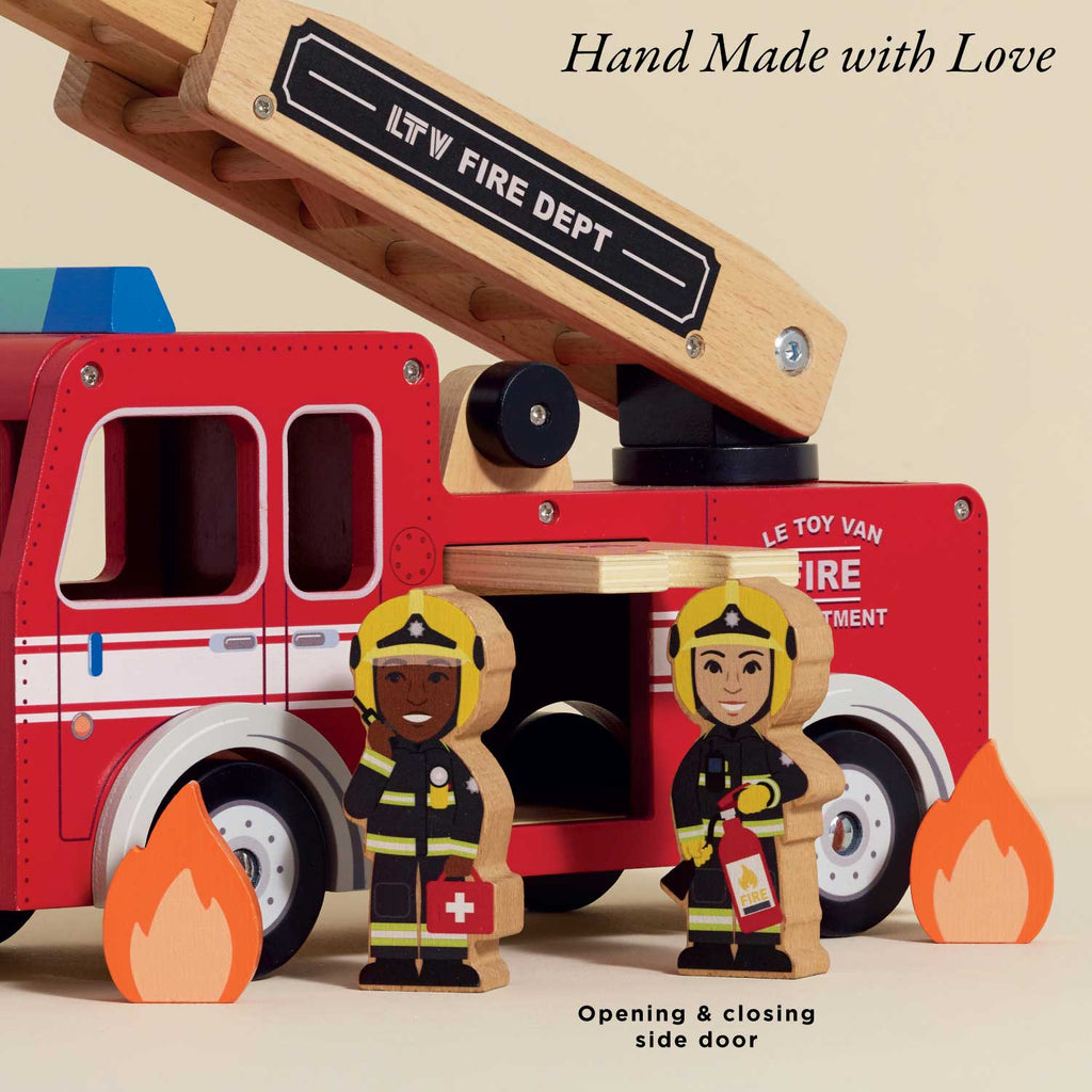 The Wooden Toy Fire Engine & Characters is a charming retro red wooden truck with an extending ladder, two firefighter figures (one with a medical bag), illustrated flames, and "Hand Made with Love" text—crafted sustainably.