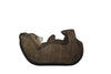 A small, sustainable wooden Handmade Holzwald Bear Cub - Lying resting on its back, perfect for imaginative play.