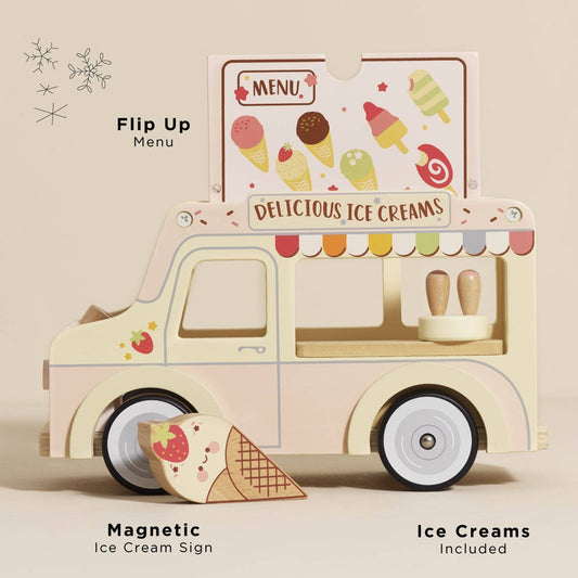 The Wooden Ice Cream Van (ships in one week) is a vintage-style, doll-sized toy with pastel colors, whimsical illustrations, flip-up menu, magnetic ice cream sign, and included ice cream pieces for playful fun.