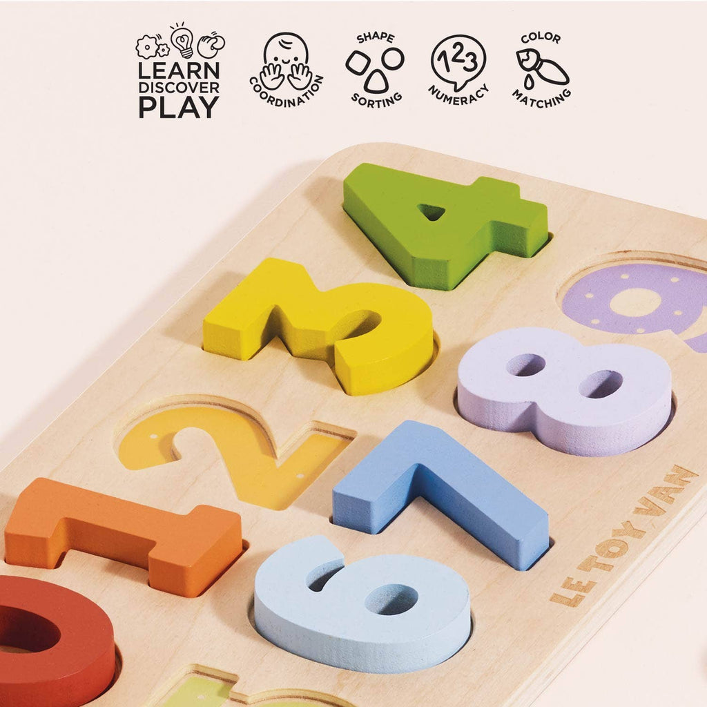 The Counting Wooden Numbers Shape Sorter is a wooden puzzle with colorful 3D numbers and matching cutouts, promoting coordination, shape sorting, numeracy, color recognition, and discovery play for early learning.