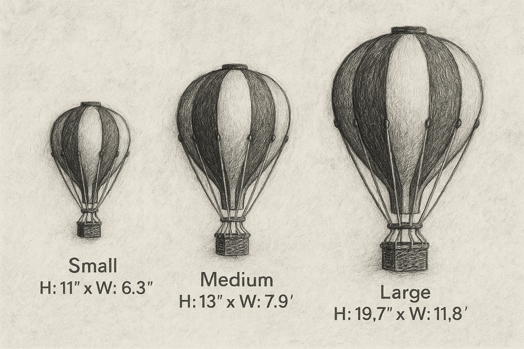 Three handmade Hot Air Balloon - Beige / Mint / Grey decorations in small (11"x6.3"), medium (13"x7.9"), and large (19.7"x11.8") sizes, ideal for adding charm to any children's room.