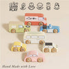 A set of Vintage Toy Cars in vibrant colors on a neutral background, with icons above for creativity, coordination, imagination, social skills, and dexterity. Text says "Hand Made with Love" and "Learn Discover Play.