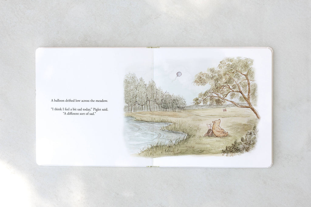 An open Winnie-the-Pooh: Finding Feelings board book displays text on the left and an illustration of Pooh and Piglet by a pond, watching a balloon float above a grassy meadow with trees on the right.