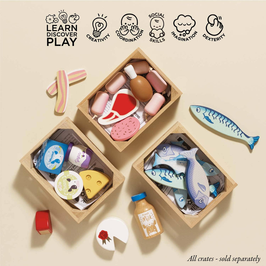The Bakery & Patisserie Wooden Market Crate is filled with colorful toy pastries for pretend play. Icons highlight creativity, coordination, social skills, imagination, and dexterity. Each crate sold separately—a perfect imaginative toy!.
