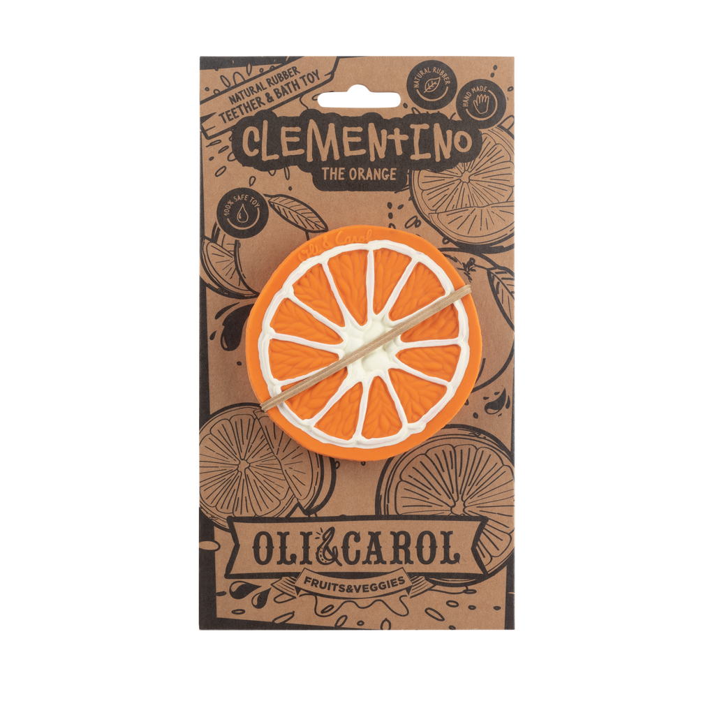The Clementino the Orange Teether by Oli & Carol is a natural rubber baby and teething toy, packaged with orange illustrations and brand details—ideal for sensory play.