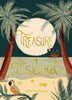 The Collector's Edition "Treasure Island" by Stevenson, a hardcover book, features an illustrated cover with palm trees, a parrot, a skull-and-crossbones flag on a boat under a large moon reflecting on the water, with a sandy shore in the foreground.