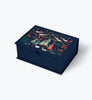 A navy blue rectangular Nativity Large Embroidered Keepsake Box featuring a nativity scene on the lid, with the Holy Family, angels, and animals under a starry sky.