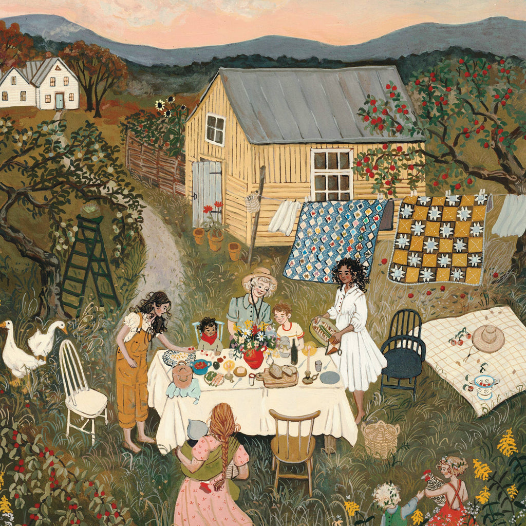 The September Harvest Mini - 100 Piece Mini Puzzle depicts a diverse family gathering for an outdoor harvest meal near a farmhouse, with quilts hanging on a clothesline nearby and geese in the garden.