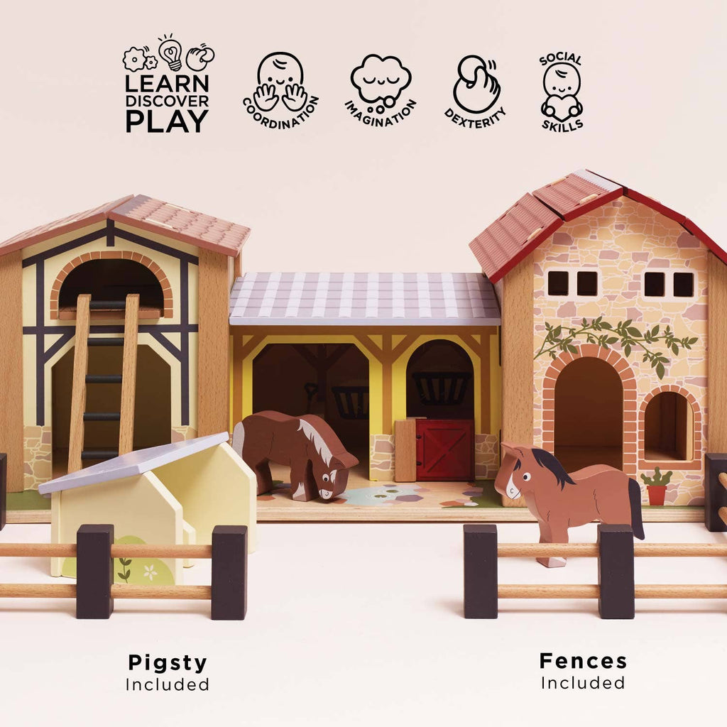 The Wooden Farmyard Stables includes a pigsty, fences, and two brown horses. Illustrated icons highlight coordination, imagination, dexterity, and social skills. Made from FSC-certified wood with clear text labels for each piece.