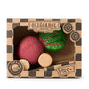 Betty The Beetroot Baby Car by Oli&Carol is a toy with FSC-certified wood wheels and green leaves, packed in brown cardboard with black text and stamps. This eco-friendly car is safe for babies 0+ months.