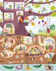 The Beneath the Branches 200 Piece Puzzle features a vibrant treehouse scene with mice, a fox, and an elephant playing above ground, while animals eat, dance, and relax underground. Ducks and a fish swim in the water below.