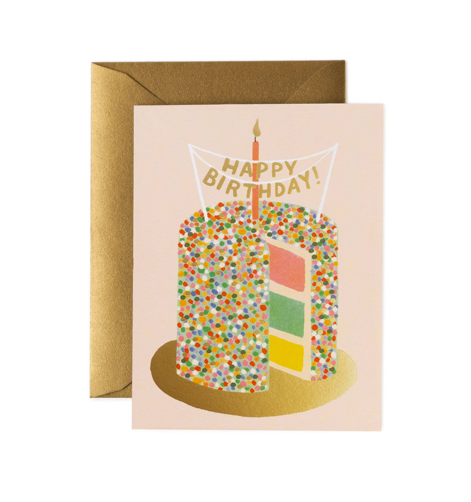 The Layer Cake Card showcases a colorful cake with sprinkles, a lit candle, and a “Happy Birthday!” banner. Accented in metallic gold foil, it comes with a gold envelope. The blank interior lets you add your personal message.