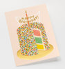 The Layer Cake Card features a tall, sprinkle-covered cake with colorful layers, gold foil accents, a lit candle, and a “Happy Birthday!” banner on a light background. Its blank interior is perfect for your personal message.