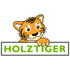 A cartoon tiger smiles and peeks over a rectangular sign with "HOLZTIGER" in green letters. The white background highlights the charm of HOLZTIGER figures like the Holztiger Foal, Standing—handcrafted wooden toys made in Europe.