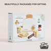 The Pop-up Toaster & Breakfast Set, made from FSC-certified wood for ages 3+, includes bread, butter, jam, and a knife. Ships in one week and comes in 100% recyclable packaging—perfect for pretend play and gifting.