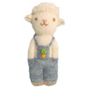 The Organic Alpaca Wool Doll - Sheep is a handmade, cream-colored stuffed animal by Blabla, crafted from organic alpaca fleece and dressed in blue overalls with an embroidered carrot and green leaves.
