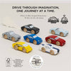 The Classic Wooden Sports Cars are showcased in white, blue-striped, yellow, red, and black. Made from FSC-certified wood and plastic-free, these vibrant toy cars emphasize sustainability and are compatible with train tracks. The FSC logo is prominently displayed.