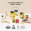 The Pretend Play Pasta Set features toy kitchen items like boxed pasta, sauce jars, a colander, wooden spatula, and cheese grater. The phrase "A CLEAN HOME IS A HAPPY HOME" highlights imaginative play with eco-friendly logos supporting sustainability.