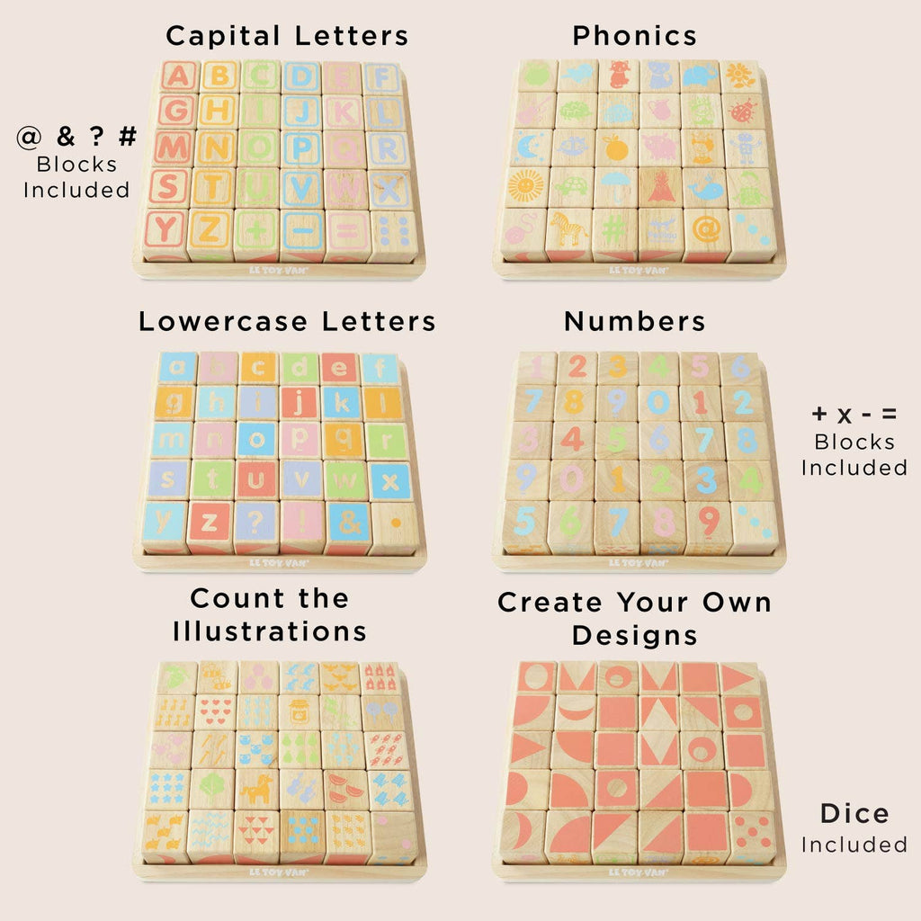 The ABC Learning Blocks (ships in one week) set features seven colorful grids with wooden blocks showing capital and lowercase letters, phonics, numbers, math symbols, illustrated objects, text labels, dice faces, symbols, and blanks for toddler learning.