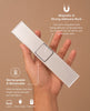 A hand holds a rectangular LED light with a central button—an elegant accessory designed to effortlessly illuminate any fully furnished House of Paris Luxury Dollhouse – A Tale of Parisian Magic. Text highlights its magnetic, adhesive back and features such as rechargeability and easy removal. Icons illustrate that it can be charged via laptop, power adapter, or power bank.
