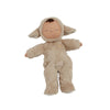 Olli Ella Cozy Dinkum Doll - Lamby Pip is a soft, plush toy in a fuzzy light brown lamb costume with floppy ears, neutral face, closed eyes, and short brown hair peeking out from the hood.