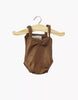 The Minikane 13" Doll Clothing Anna Leotard in Shiny Lycra, Chocolate Brown, is shown on a wooden hanger against a plain white background.