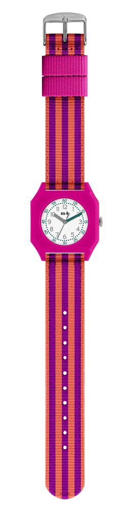 The Mini Kyomo Watch - Ruby Papaya features a bright pink case, a striped pink, purple, and peach fabric band, white face with black numbers and hands, Japanese movement, and a silver buckle.
