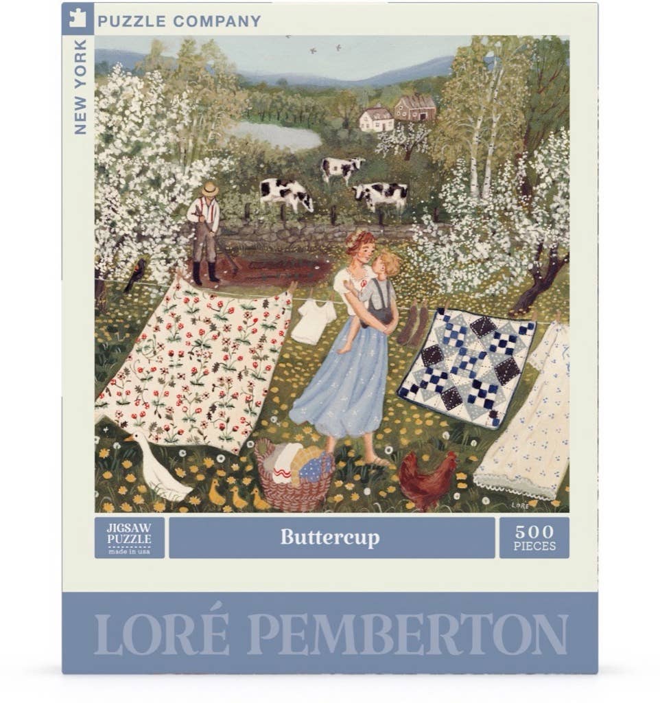Buttercup - 500 Piece Jigsaw Puzzle features a woman and girl hanging laundry in a blooming field. Includes linen style finish and is proudly made in USA. Art by Loré Pemberton.