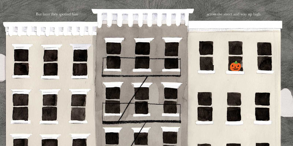 Three gray apartment buildings are shown. In a window high on the right, there’s a smiling stemless jack-o-lantern. Text reads: “But later they spotted him—across the street and way up high.” From Stumpkin by Lucy Ruth Cummins.