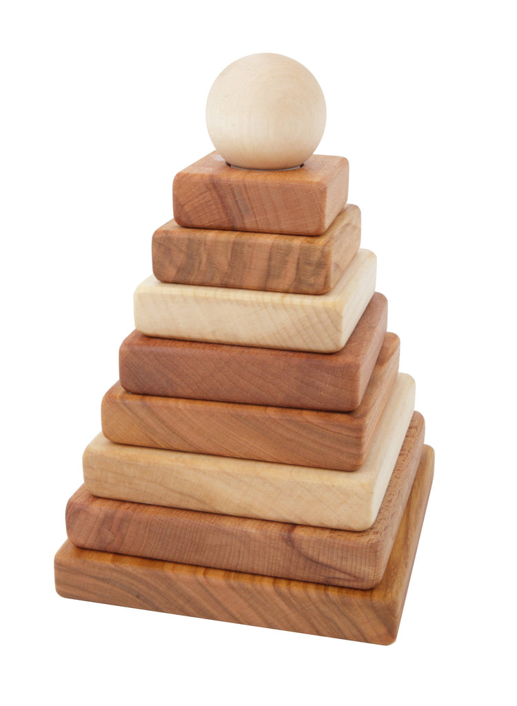 The Natural Square Pyramid Stacker is a wooden stacking toy made from FSC certified wood, featuring natural-toned squares in different sizes stacked in a pyramid and topped with a round wooden ball.