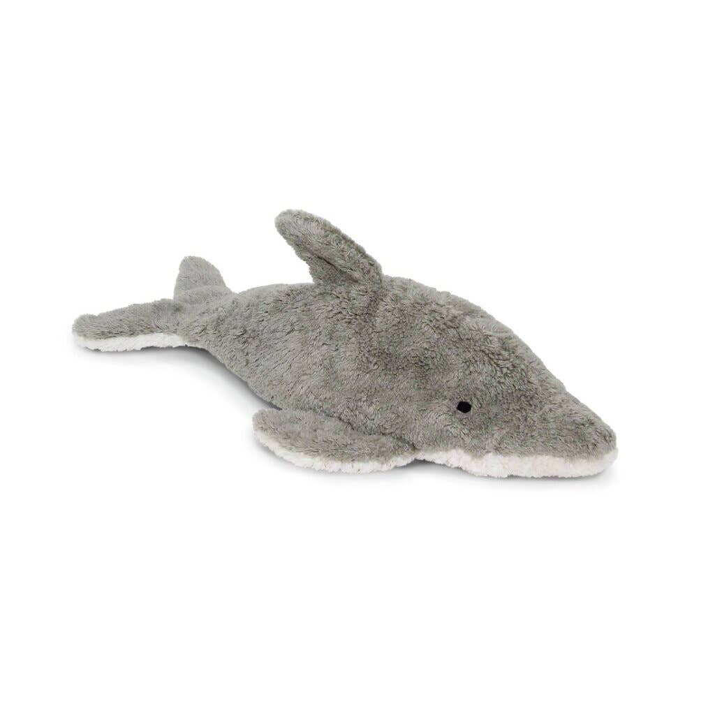 The Senger Naturwelt Cuddly Animal - Dolphin is a soft plush toy in gray with a white underside, made from sustainable materials. One fin is raised and a small black eye is visible as it lies on a white background.