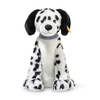 The Steiff Oskar Dalmatian Dog is an 11-inch plush stuffed animal with a soft white body, black spots, black ears, and a blue collar, shown sitting upright on a white background.