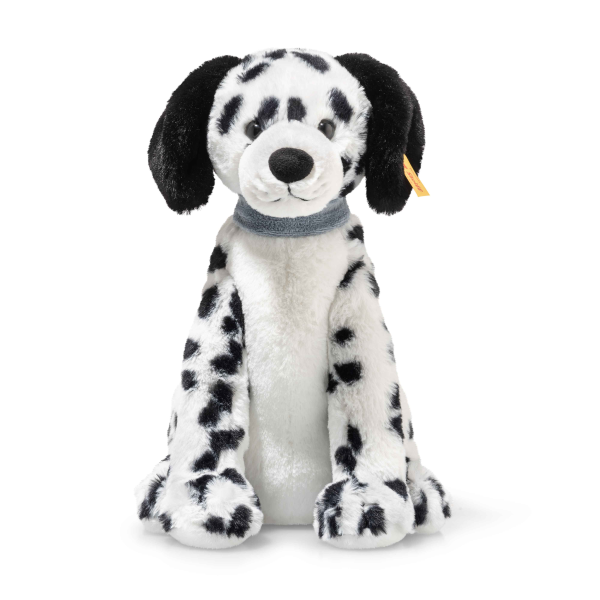The Steiff Oskar Dalmatian Dog is an 11-inch plush stuffed animal with a soft white body, black spots, black ears, and a blue collar, shown sitting upright on a white background.