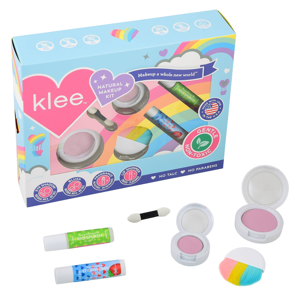 Klee Naturals Makeup Kit - After the Rain- Rainbow Dream box featuring two eyeshadow compacts, two lip balms, a blush compact, and a multi-colored brush, with loose non-toxic makeup products displayed in front.
