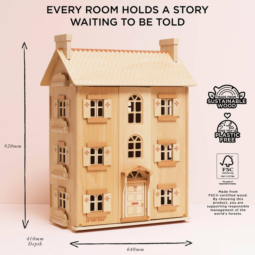 The Grand Natural Wood Doll House is crafted from sustainable, FSC-certified wood with detailed windows and doors. Measuring 920mm x 640mm x 410mm, it's plastic-free and perfect for eco-friendly, imaginative play.
