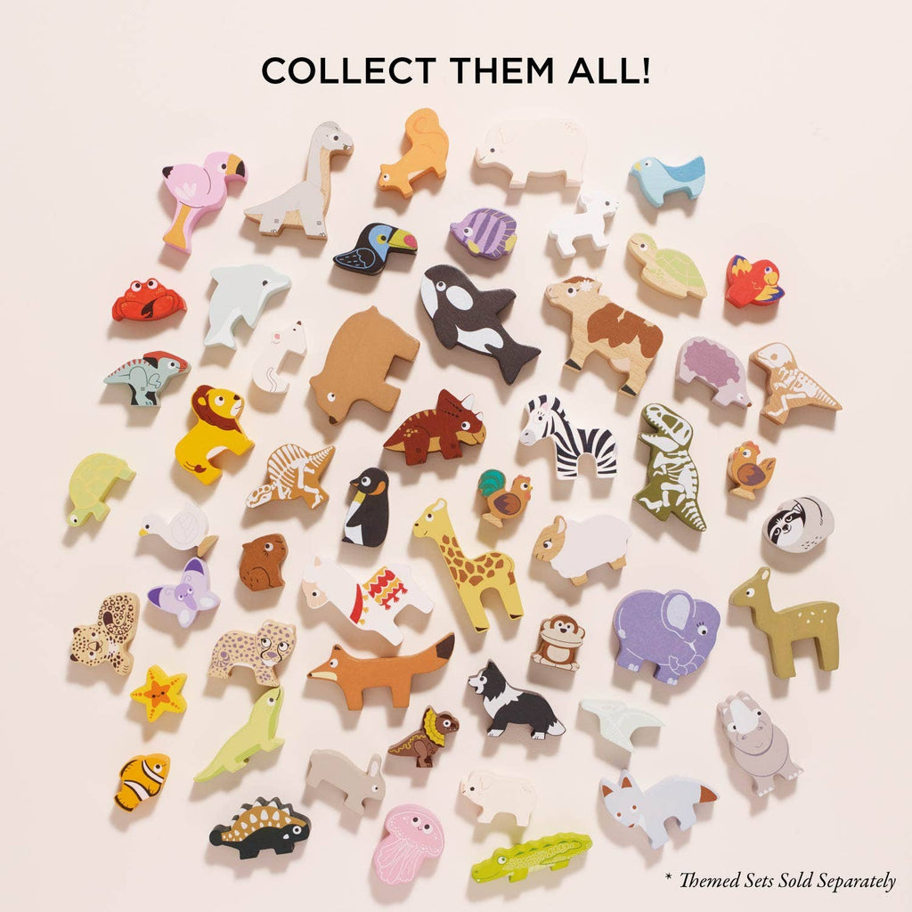 A set of colorful wooden Farmyard Stacking Animals and Bag arranged on a light surface, featuring giraffes, dinosaurs, turtles, and birds. "Collect them all!"—an eco-friendly toy and perfect educational gift.