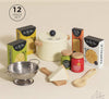 The Pretend Play Pasta Set includes 12 pieces for imaginative fun: toy pasta boxes, a pot with wooden handles, a pasta spoon, cheese wedge, jars of pesto & pasta sauce, and a small colander—ideal for young chefs' culinary adventures.