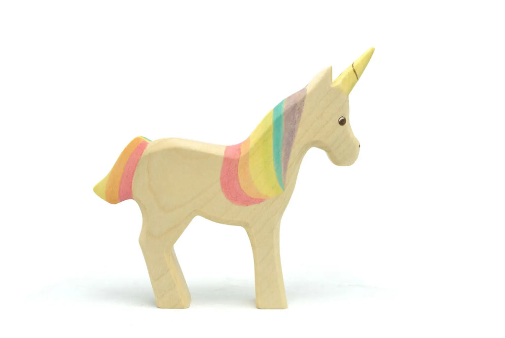 The Handmade Holzwald Unicorn Rainbow is a wooden figurine featuring a yellow horn and pastel rainbow mane and tail—an eco-friendly toy that inspires imaginative play.