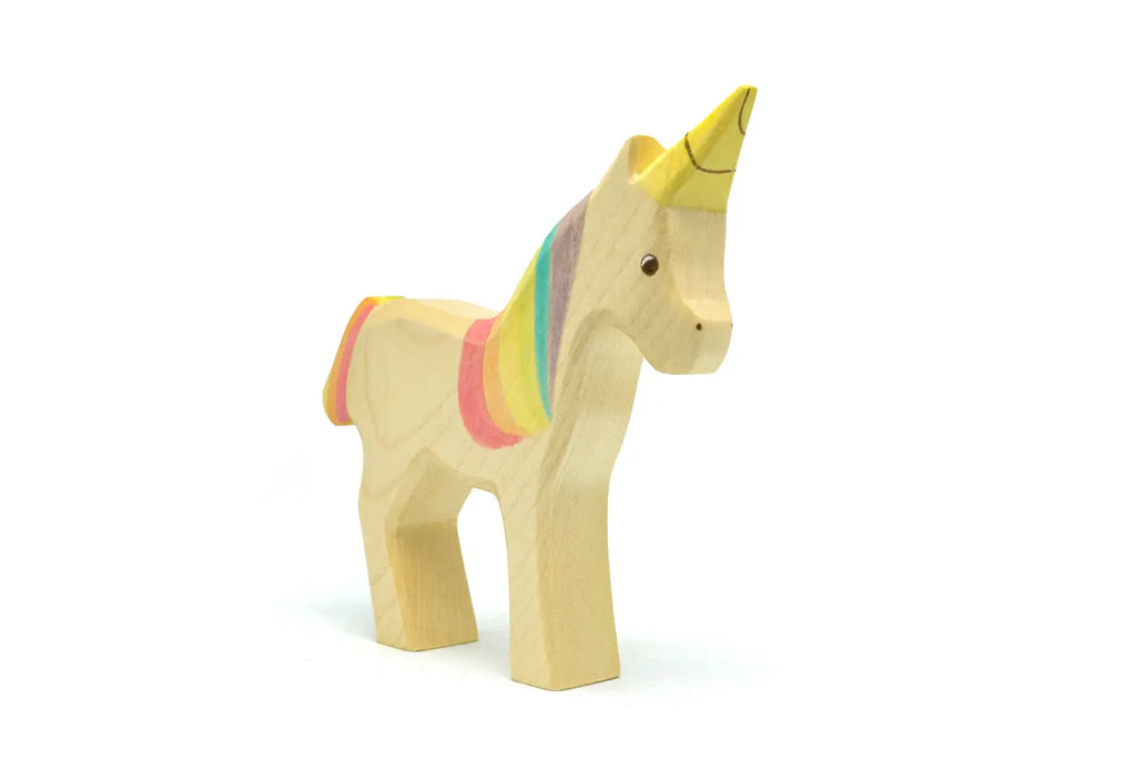 The Handmade Holzwald Unicorn Rainbow is a sustainable wooden toy featuring a yellow horn, pastel rainbow mane and tail, simple details, and a smooth, natural wood texture—a charming addition to any wooden toy collection.