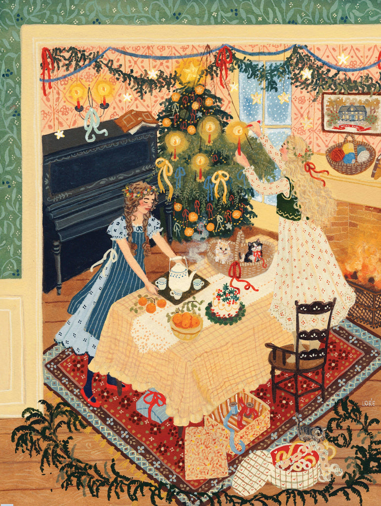 Two women in vintage-style dresses decorate a Christmas tree and set a table with tea and cake in the cozy, festive room of the Christmas at Orchard House - 1500 Piece Jigsaw Puzzle.