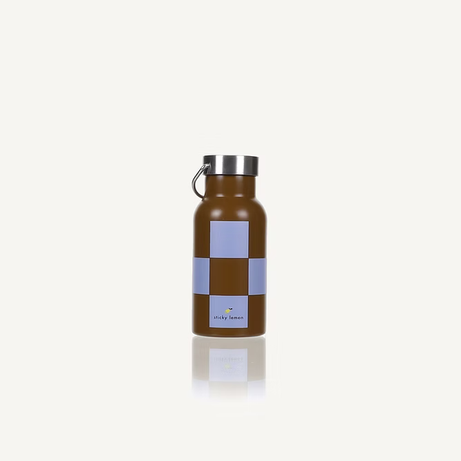 A Sticky Lemon Water Bottle | Farmhouse in soil green with blooming purple accents and a silver screw-on lid stands upright against a plain white background.